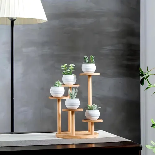 Vista 5 de Soporte de escritorio de 5 niveles para plantas, estante redondo de bambú para plantas, soporte de mesa para suculentas y hierbas, soporte