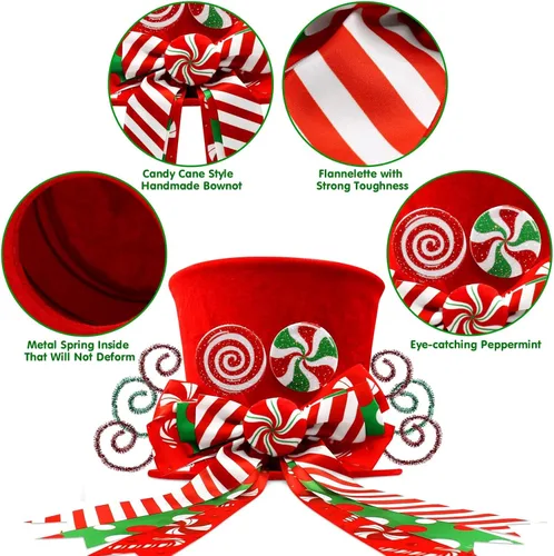 Vista 4 de Adorno para la Copa del Árbol de Bastones de Caramelo de Navidad Sombrero Rojo con Lazos de Menta Adorno Piruleta de Invierno Decoración del Hogar