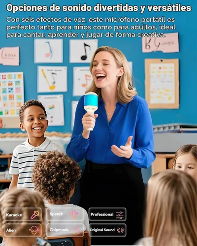 Vista 5 de Micrófono de karaoke inalámbrico Bluetooth con luces dinámicas, micrófono de mano portátil, 6 efectos de sonido, batería de 10 horas, perfecto