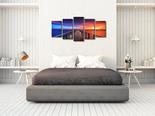 Vista 3 de Pyradecor 5 paneles tamaño XL atardecer, puente, impresiones en lona HD, paisajes del mar, arte en lona, paisajes para el hogar, decoración