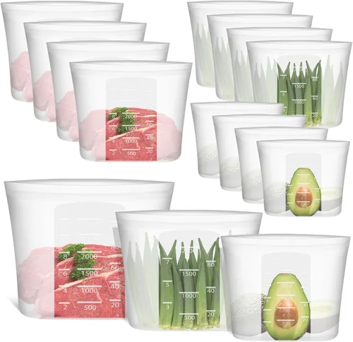 Vista 31 de Bolsas de Alimentos Reutilizables, Paquete de 12 Bolsas de Almacenamiento de Alimentos 100% Silicona que se Mantienen de Pie con Cierre Hermético