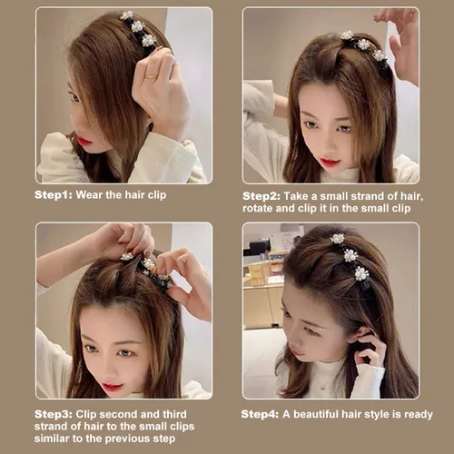 Vista 5 de Juego de accesorios para el cabello trenzado de piedra de cristal brillante, bandas de tela de satén, horquillas de trébol de hojas, clips de perlas
