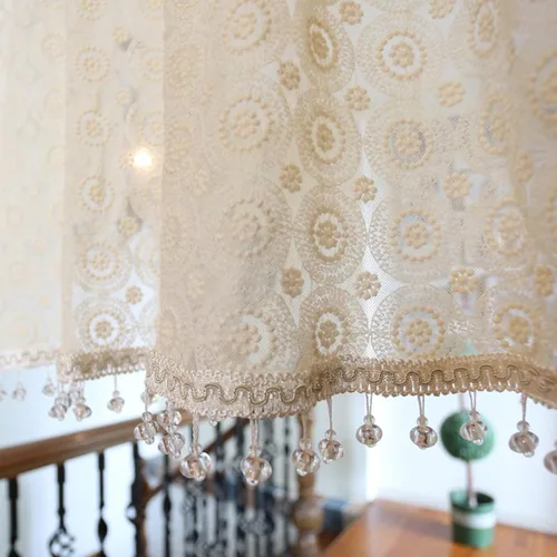 Vista 10 de Cenefa de cortina de ganchillo bohemio para ventana de cocina, retro, rústico, de algodón, con encaje, corta, bolsillo para barra con borlas