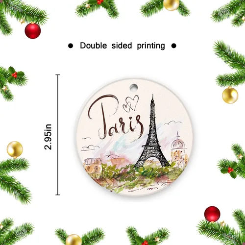 Vista 2 de Adornos de Navidad, adornos colgantes de Navidad de cerámica, impresión a doble cara, pintura de París