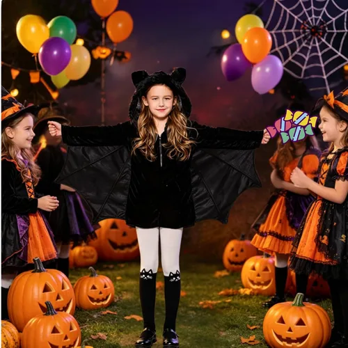 Vista 3 de yolsun Disfraz de murciélago vampiro para niña, disfraz de animal de Halloween Negro-1