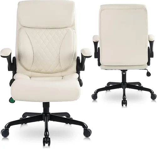 Vista 8 de Youhauchair Silla de oficina ejecutiva, silla ergonómica de piel sintética para computadora con soporte lumbar, reposabrazos abatibles y altura Beige