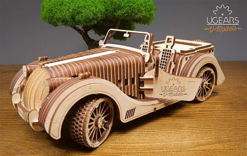 Vista 2 de UGEARS Vehículo Roadster VM-01 – Coche de madera 3D DYI – Proyectos divertidos para adultos – Idea de modelo de trabajo mecánico 3D