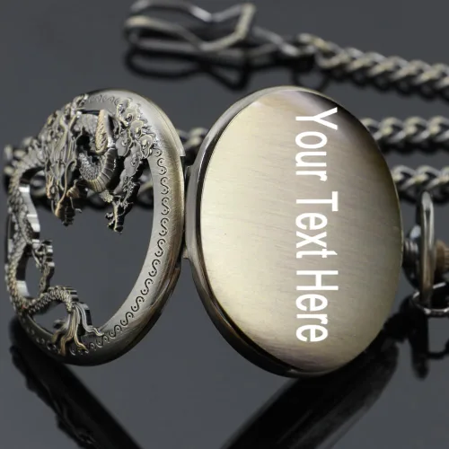 Vista 5 de Men's Mechanical Hollow Dragon Design Hand Wind Pocket Watch Roman Numerals Steampunk with Chain Box Cus-PJX1346-bronce negro