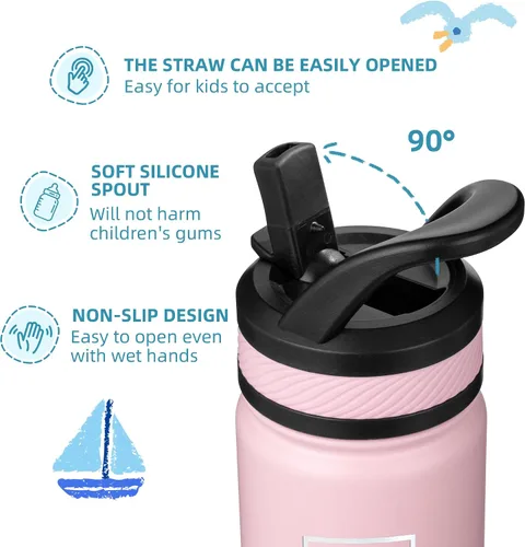 Vista 4 de Fanhaw Botella de Agua Aislada para Niños de 18 Oz con Tapa de Pajita – Acero Inoxidable de Doble Pared al Vacío, A Prueba de Fugas, Botellas