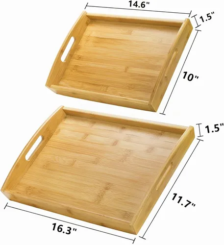 Vista 2 de Peohud Paquete de 4 bandejas de bambú para servir con asas, bandeja rectangular de comida de cocina para comer, bandejas de cena para comer