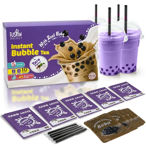 Vista 8 de Fusion Select Juego de 5 paquetes de té de burbujas de taro, mango, melaza, fresa con perlas de tapioca extra ricas, pajitas