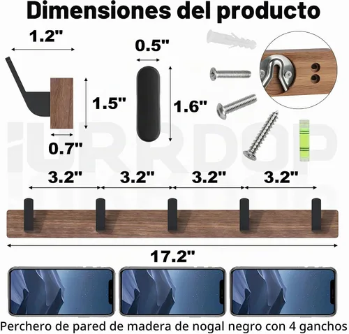 Vista 2 de Perchero de pared para colgar abrigos, ganchos de madera de nogal Perchero con 5 ganchos