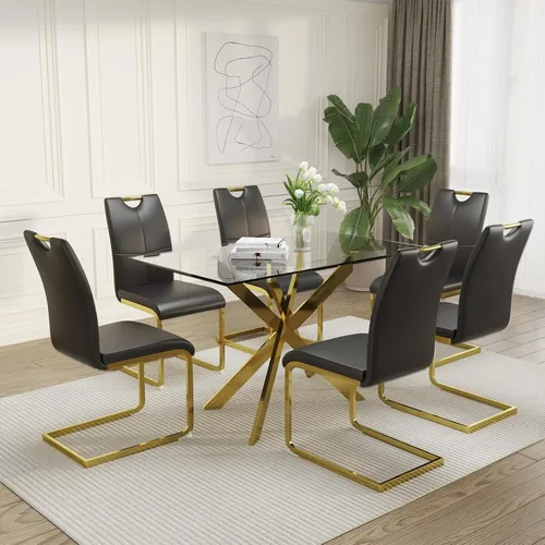 Vista 15 de Juego de mesa de comedor de vidrio de 51 pulgadas para 4 personas con tapa de vidrio templado, color negro Patas de metal negro, sillas de cuero