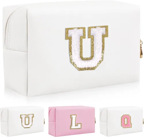 Vista 8 de Bolsa de maquillaje con parche de letra inicial personalizada, bolsa de cosméticos de chenilla preppy con letra de chenilla con cremallera, Y