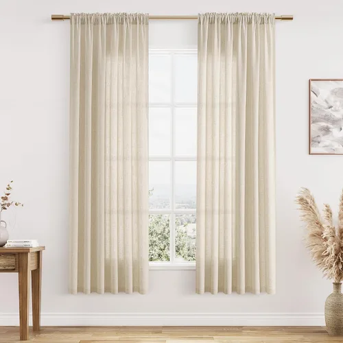 Vista 119 de Cortinas de lino verde aguamarina de 84 pulgadas de largo, juego de 2 paneles semitransparentes con bolsillo para barra para comedor, decoración