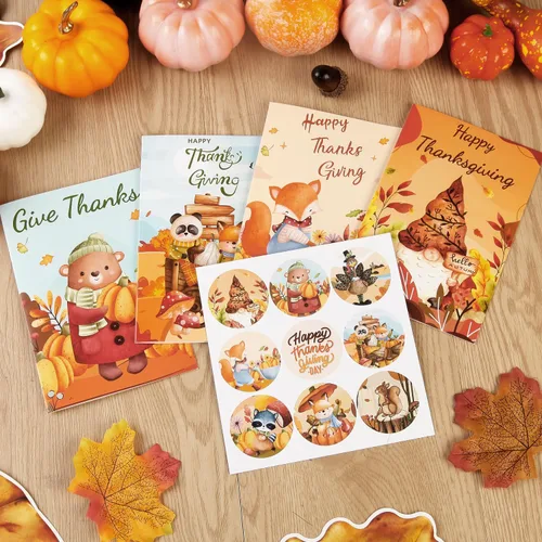 Vista 4 de Quera 27 tarjetas de felicitación de Acción de Gracias, tarjetas de animales de otoño con sobres, tarjetas de cosecha para niños, adultos, amigos
