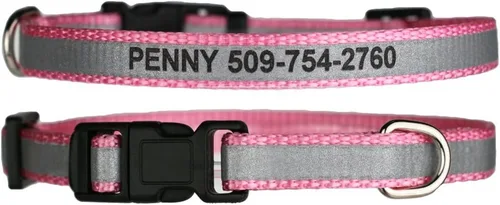 Vista 4 de GoTags Collares reflectantes extra pequeños para perros, grabado personalizado con nombre de mascota y número de teléfono, collar de perro ajustable