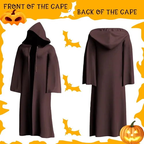 Vista 2 de 28C Halloween Tunic Hooded Robe Halloween Cosplay Costume Robe Fancy Cool Halloween Cloak Cape for Adult,Kid,Men,Women Black