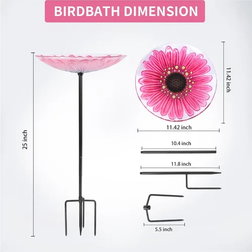 Vista 4 de MUMTOP - Bañera de cristal para pájaros, comedero para pájaros de jardín al aire libre con estaca de metal, flor
