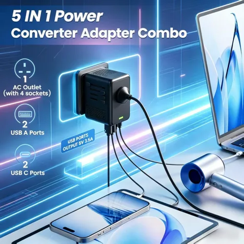 Vista 4 de Convertidor de voltaje de 220 V a 110 V de EE. UU. a Europa para secador de pelo con carga rápida 2 USB A y 2 USB C, adaptador de convertidor