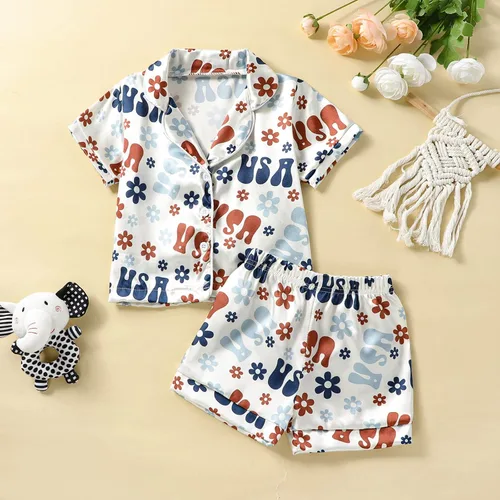 Vista 2 de Conjunto de pijama de satén para bebés y niños pequeños, pijamas de manga larga con botones para niñas 4 de julio