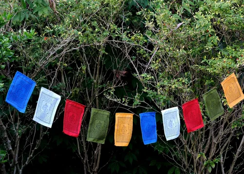 Vista 2 de Banderas de oración tibetanas Tara verdes hechas a mano con traducción al inglés (9 x 12 pulgadas)