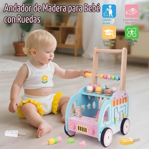 Vista 6 de Melofaver - Andador de madera para niños pequeños con rueda, juguete