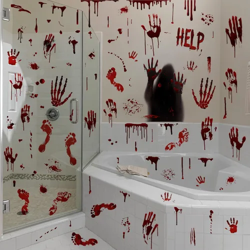 Vista 4 de Calcomanías de pared de huellas de manos sangrientas de Halloween, calcomanías de pared para decoración de fiesta de Halloween, decoración