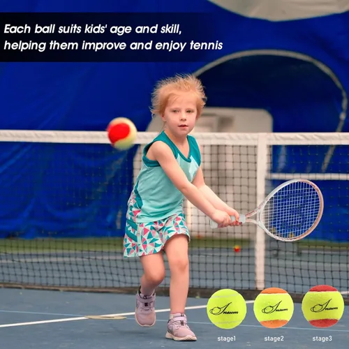 Vista 5 de insum Pelotas de tenis para niños jóvenes de fieltro para adolescentes principiantes, rojo, naranja, verde, 25%, 50%, 75% velocidad más lenta Baja