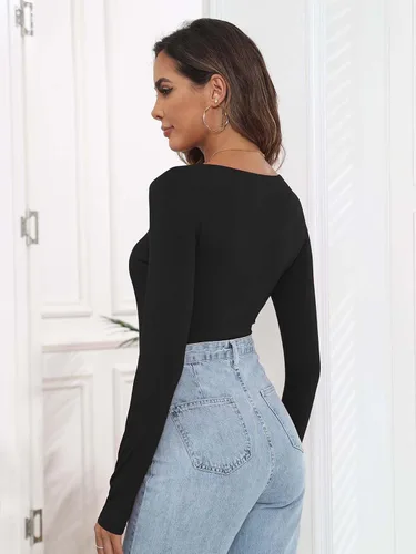 Vista 2 de Body sexy para mujer, cuello cuadrado, suave, elástico, manga larga, leotardo casual
