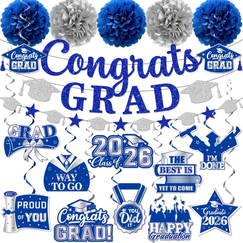 Vista 11 de Decoraciones de graduación 2026, pancarta de felicitaciones con purpurina, espirales colgantes y pompones de tela, decoraciones de graduación negras