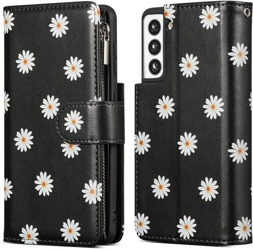Vista 8 de UEEBAI Funda tipo cartera para Samsung Galaxy S21 FE 5G, funda de piel sintética con cierre magnético, bolsillo con cremallera, ranuras