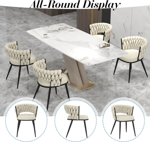 Vista 8 de Juego de 2 sillas de comedor tejidas, modernas sillas de comedor tejidas a mano con patas de metal negro, sillas tapizadas con marco negro