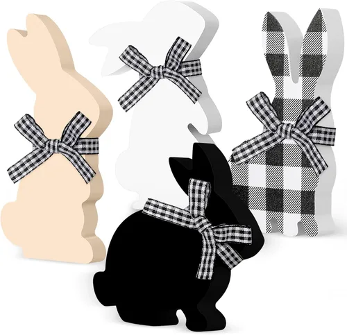 Vista 11 de 4 piezas de decoración de mesa de conejo de Pascua, letreros de madera con cuerda, decoración de conejo de primavera, decoración de bandeja