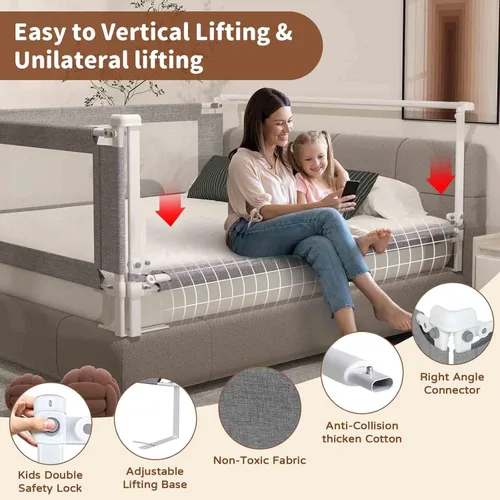 Vista 2 de Barandilla de cama de tamaño individual de 3 piezas para niños pequeños, protector de riel de cama de bebé de altura ajustable con barra