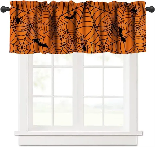 Vista 12 de Cortina de cenefa para fiesta de Halloween, diseño de dibujos animados, lindo fantasma, castillo sombrío, calabaza, murciélago, bolsillo para barra