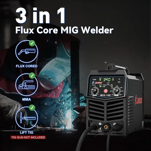 Vista 2 de GZ GUOZHI Soldador MIG 140A, 3 en 1 Soldador FLUX MIG/ARC/Lift TIG Soldador Mig Multiproceso, Soldador sin gas con inversor IGBT de 110V, soldadora