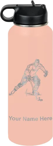 Vista 61 de LaserGram Botella de agua personalizada, jugador de hockey, acero inoxidable de doble pared aislada al vacío con popote superior, regalo grabado