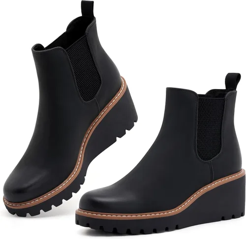 Vista 6 de vodvob Botas de tobillo para mujer, botines de tacón de cuña elásticos con plataforma Chelsea sin cordones y suela de lengüeta