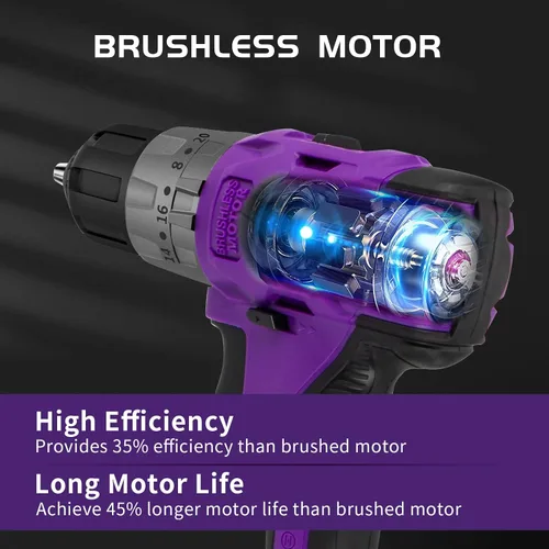 Vista 2 de Juego de taladro inalámbrico sin escobillas morado, kit de controlador de potencia compacto de 20 V con motor eléctrico, ajuste de par de 20+3, 48
