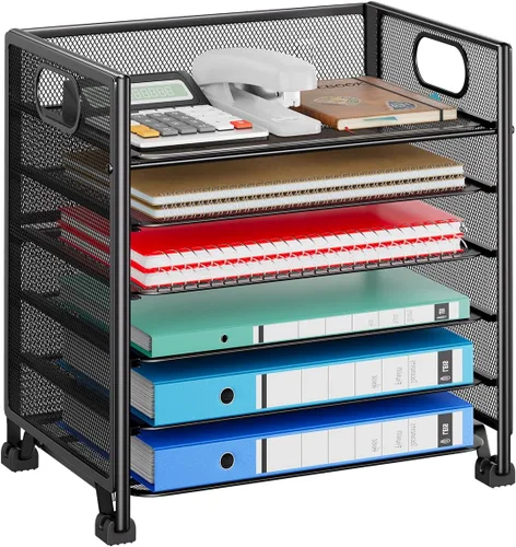 Vista 8 de Simple Trending – Organizador de archivos de escritorio de malla metálica de 5 niveles, bandejas para papel tamaño carta con cajón deslizante