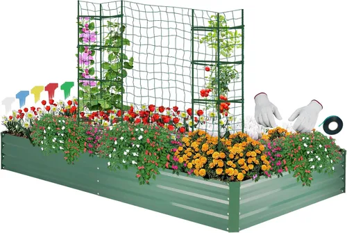 Vista 11 de ONCEMORE Cama de jardín elevada galvanizada para verduras, flores, hierbas, kit de cama de jardín elevada de metal con 2 jaulas de tomate, guantes