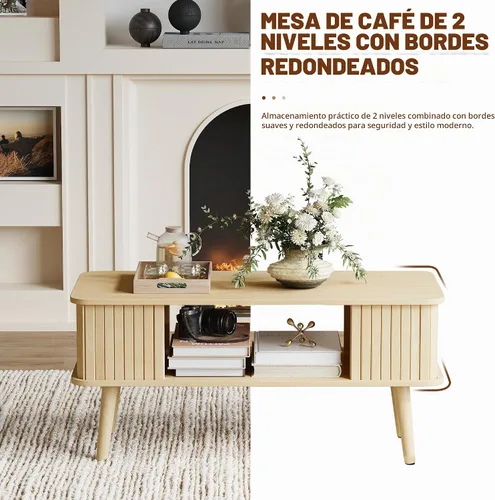 Vista 7 de Mesa de café LAZZO con almacenamiento mesa central para sala de estar mesa de café rectangular con bordes redondeados, fácil montaje, madera natural