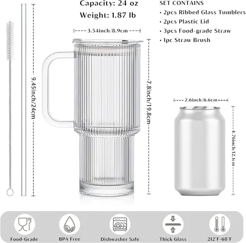 Vista 3 de INSETLAN Vaso de vidrio acanalado de 24 onzas con asa y tapa, paquete de 2 tazas grandes para café helado con pajitas, taza de vidrio moderna