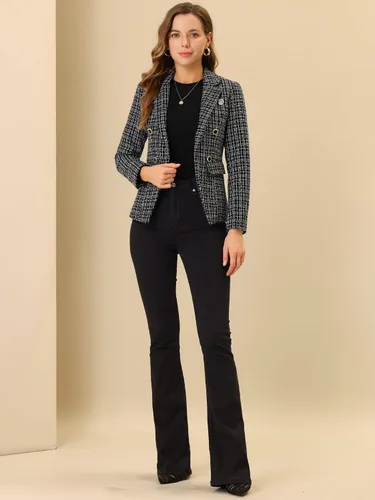 Vista 3 de Allegra K Chaqueta de tweed para mujer, chaqueta a cuadros de manga larga, elegante para el trabajo, frente abierto, chaqueta de tweed