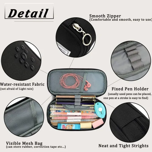 Vista 2 de FUXINGYAO Estuche para lápices con varias ranuras, cartuchera portátil para lápices, bolsa para bolígrafos para la oficina (negro)