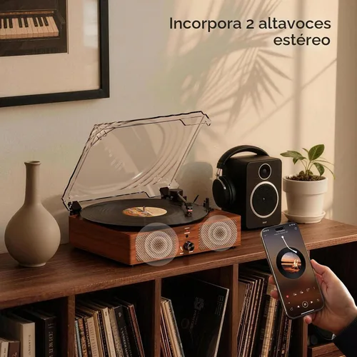 Vista 6 de Tocadiscos de vinilo con receptor Bluetooth integrado y 2 altavoces estéreo, 3 velocidades y 3 tamaños, tocadiscos retro portátil para Amarillo