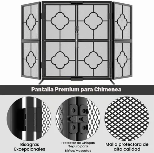 Vista 3 de Protector de chispas para estufa Amagabeli, 3 paneles, metal decorativo, para exteriores, cobertor de malla, seguro para los niños, diseño de hojas