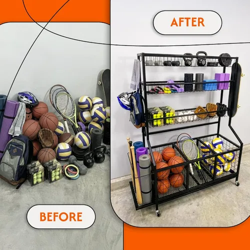 Vista 7 de AMPLY Organizador de equipo deportivo, estante de almacenamiento de pelotas deportivas rodantes con cubos de bolas grandes, rejilla lateral