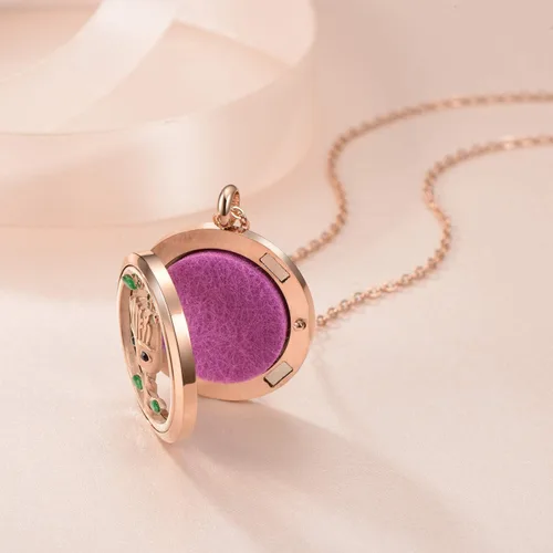 Vista 4 de Azneck - Collar de aromaterapia con colgante de árbol con difusor de aceite esencial de oro rosa, para hombres y mujeres, set de regalo de aceites